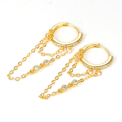 Zirconia tassel and chain hoop earrings