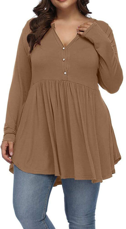 V-neck Buttons Pleated Long Sleeve Plus Size T-shirt