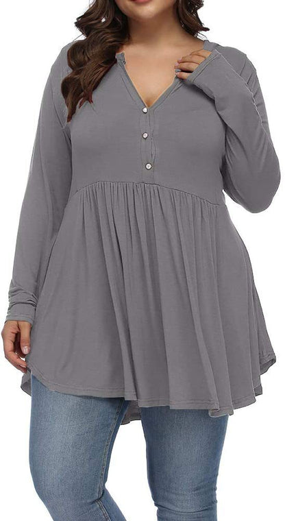 V-neck Buttons Pleated Long Sleeve Plus Size T-shirt