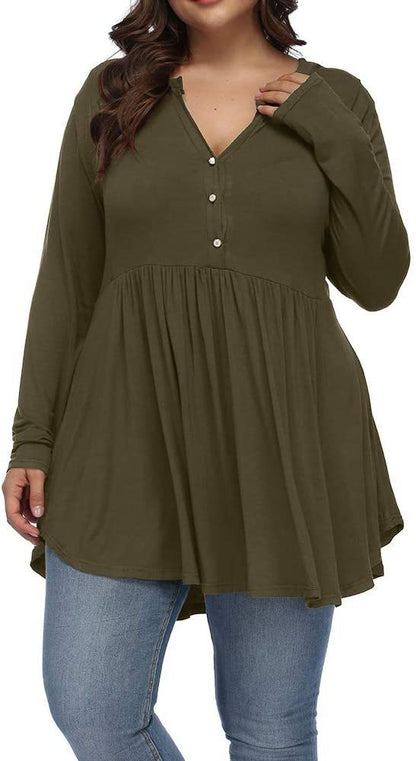 V-neck Buttons Pleated Long Sleeve Plus Size T-shirt