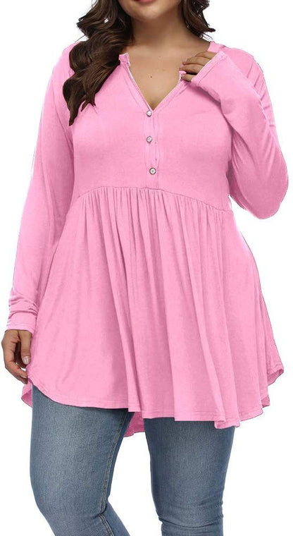 V-neck Buttons Pleated Long Sleeve Plus Size T-shirt