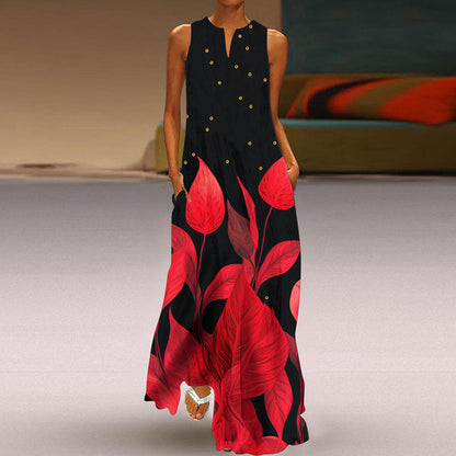 Printed V-neck Pocket Long Dress Swing