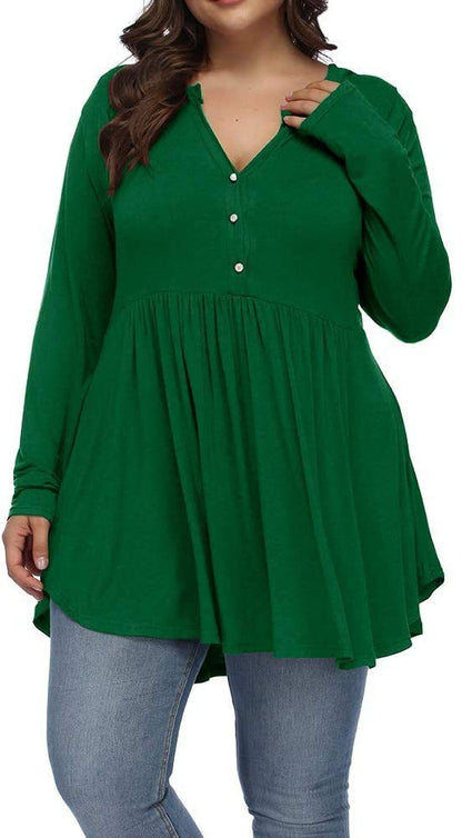 V-neck Buttons Pleated Long Sleeve Plus Size T-shirt