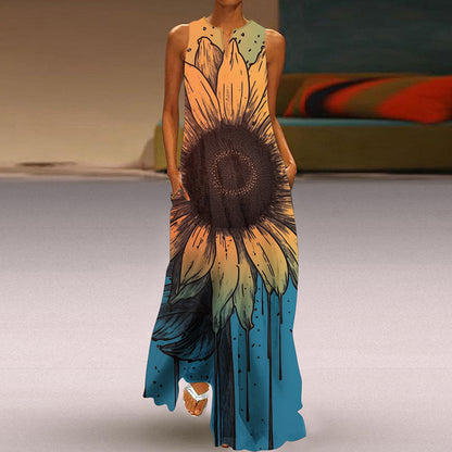 Printed V-neck Pocket Long Dress Swing