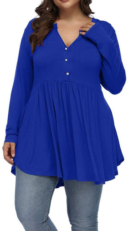 V-neck Buttons Pleated Long Sleeve Plus Size T-shirt