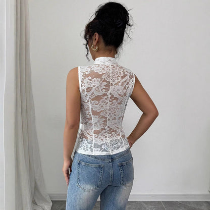Women´s Sexy Cardigan Jacquard Design See-through Lapel Skinny Lace