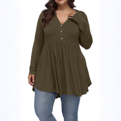 V-neck Buttons Pleated Long Sleeve Plus Size T-shirt