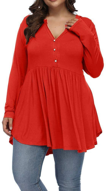 V-neck Buttons Pleated Long Sleeve Plus Size T-shirt
