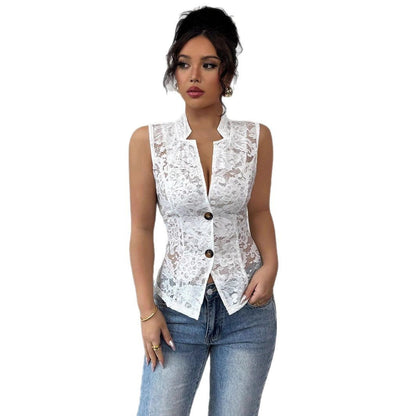 Women´s Sexy Cardigan Jacquard Design See-through Lapel Skinny Lace