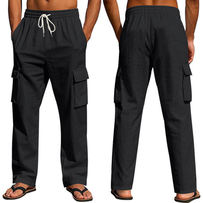 Men's straight-leg linen cargo pants.