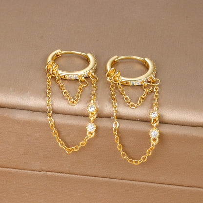 Zirconia tassel and chain hoop earrings