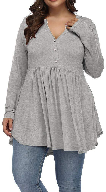 V-neck Buttons Pleated Long Sleeve Plus Size T-shirt