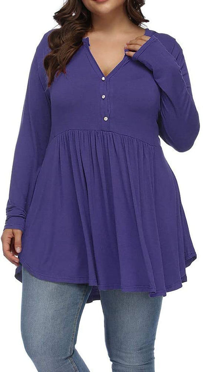 V-neck Buttons Pleated Long Sleeve Plus Size T-shirt