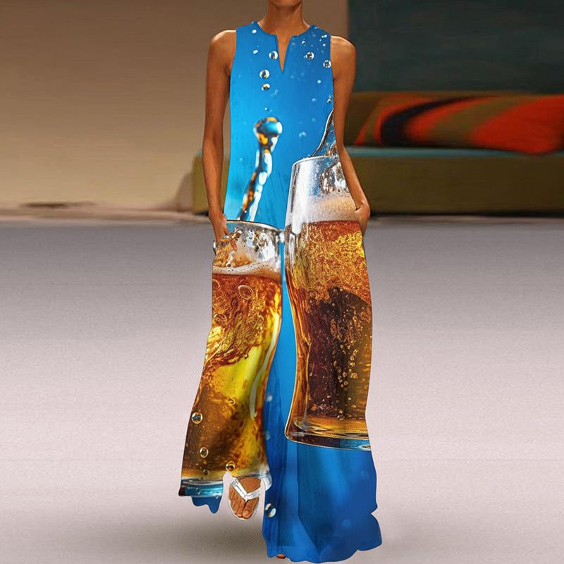 Printed V-neck Pocket Long Dress Swing