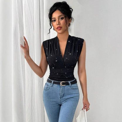 V-neck Shiny Sequined Sleeveless Top