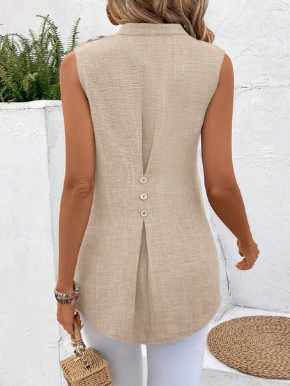 Solid Notched V-Neck Sleeveless Button Back Shirt