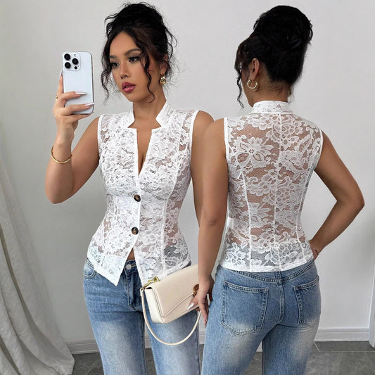 Women´s Sexy Cardigan Jacquard Design See-through Lapel Skinny Lace