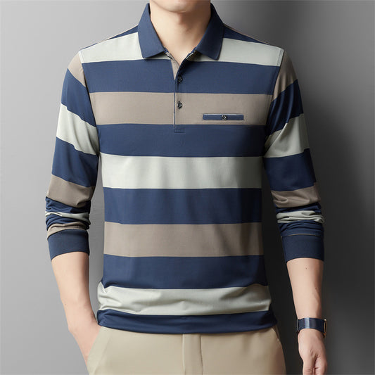 Long-sleeved T-shirt with lapel and stripes