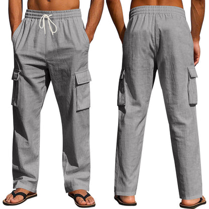 Men's straight-leg linen cargo pants.