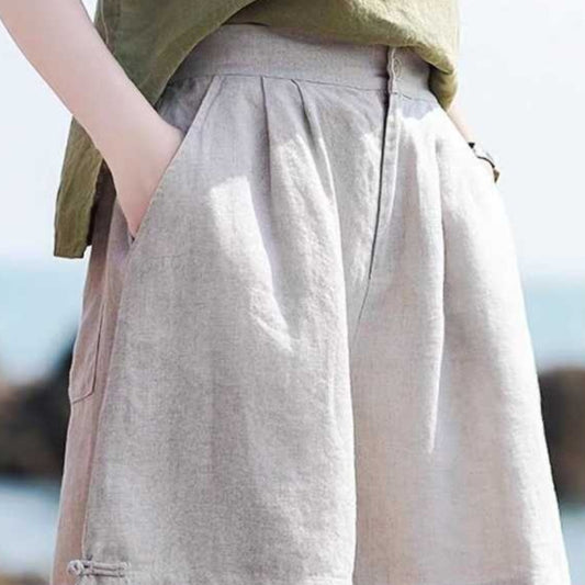 Linen Wide-leg Half Pants Female Loose Retro