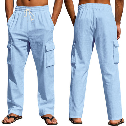 Men's straight-leg linen cargo pants.