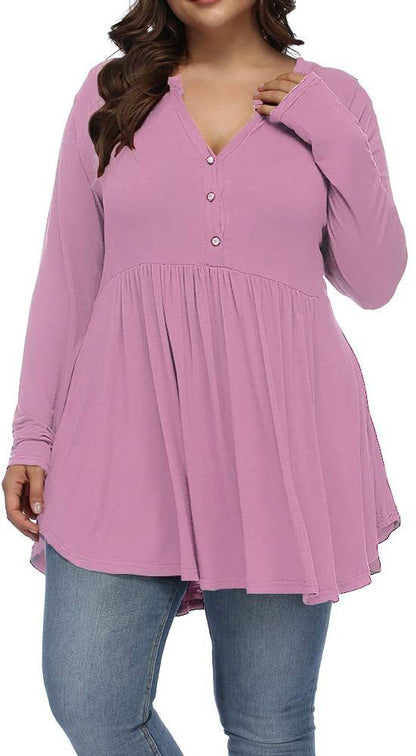 V-neck Buttons Pleated Long Sleeve Plus Size T-shirt
